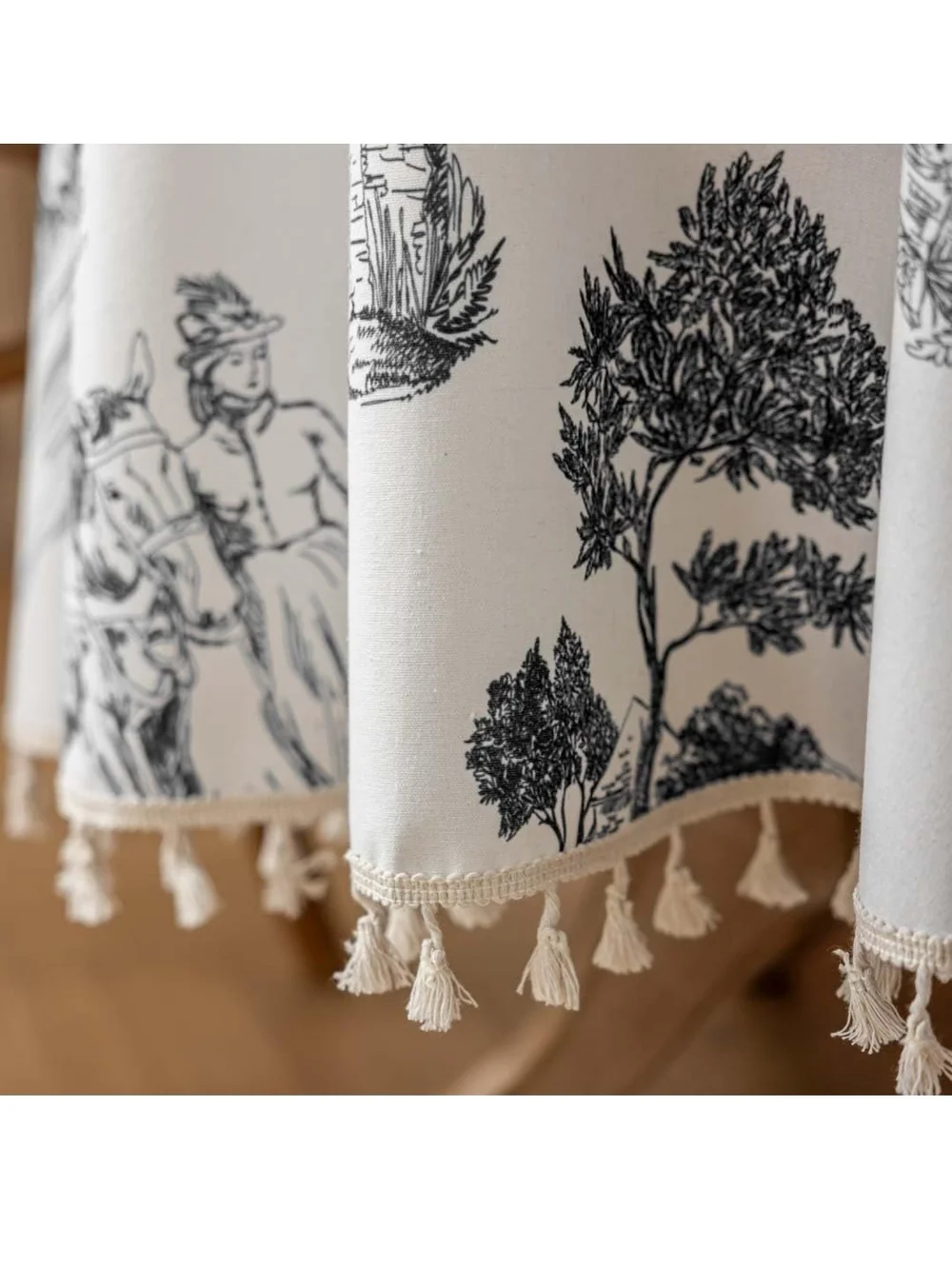Classic Black & White Toile Tassel Tablecloth - Home Dining